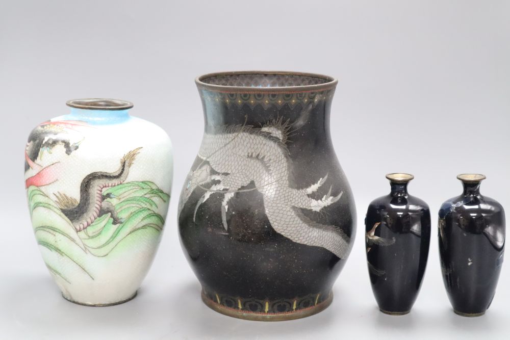 A Japanese enamel vase, a cloisonne vase and a pair of miniature cloisonne vases, tallest 20cm